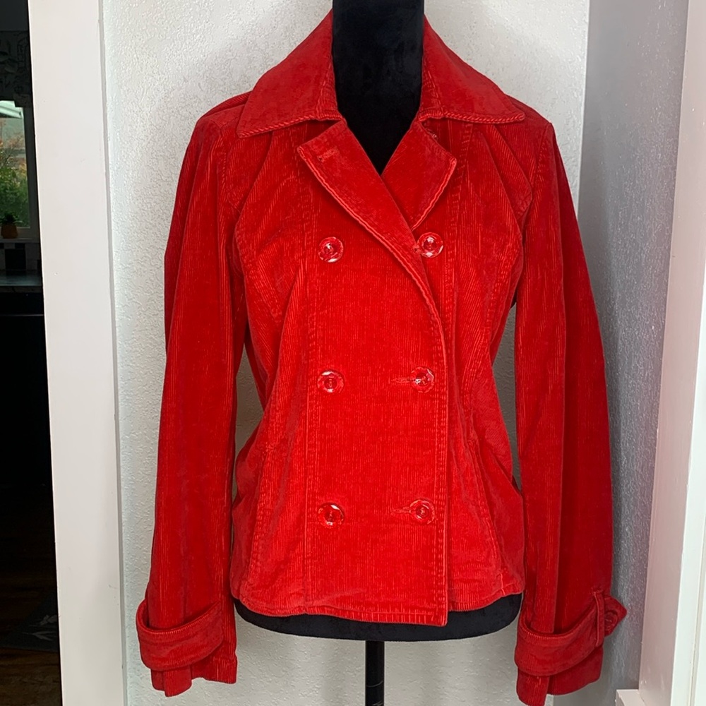 Poppagallo Red Corduroy Double-Breasted Jacket M Y2K Peacoat Blazer Holiday